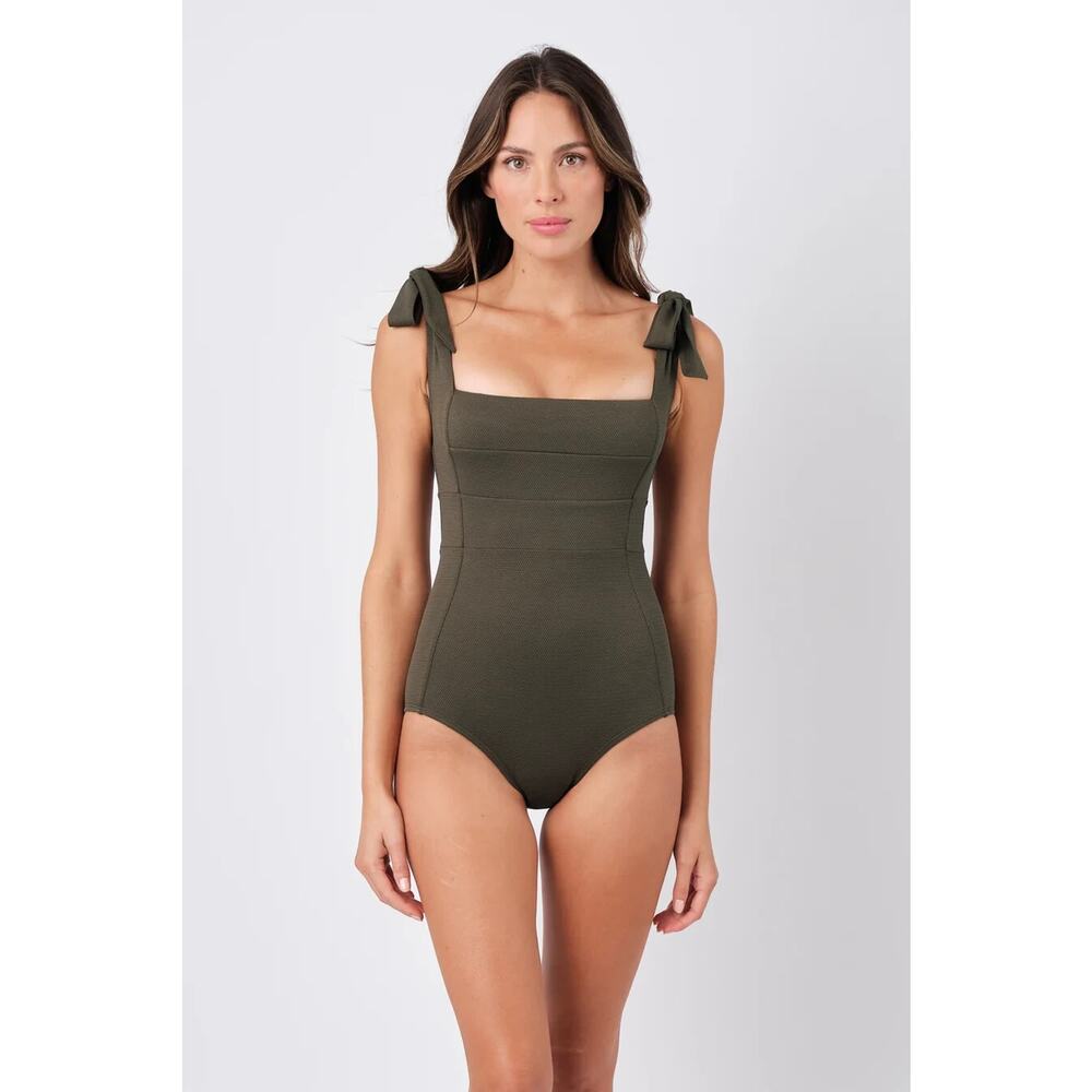 Square Neck Tie-Shoulder One-Piece Swimsuit in Olive Green